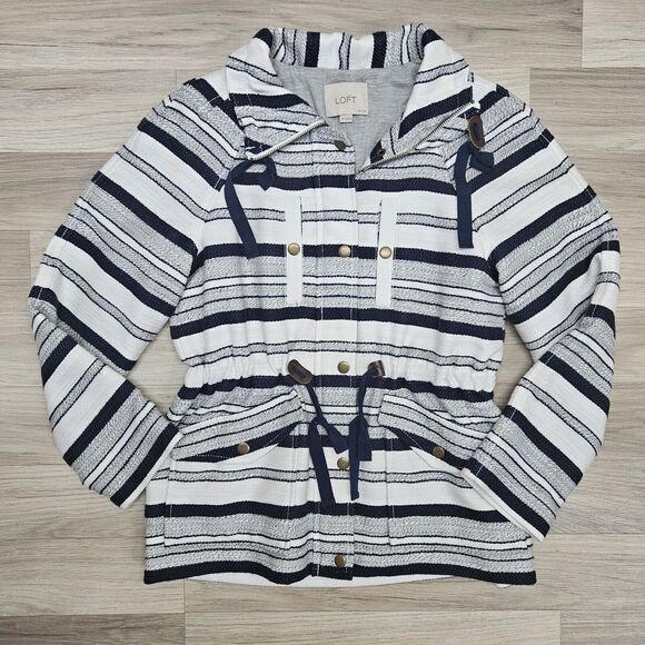 LOFT Womens White Navy Stripe Cotton Jacket Small Petite - Picture 1 of 9
